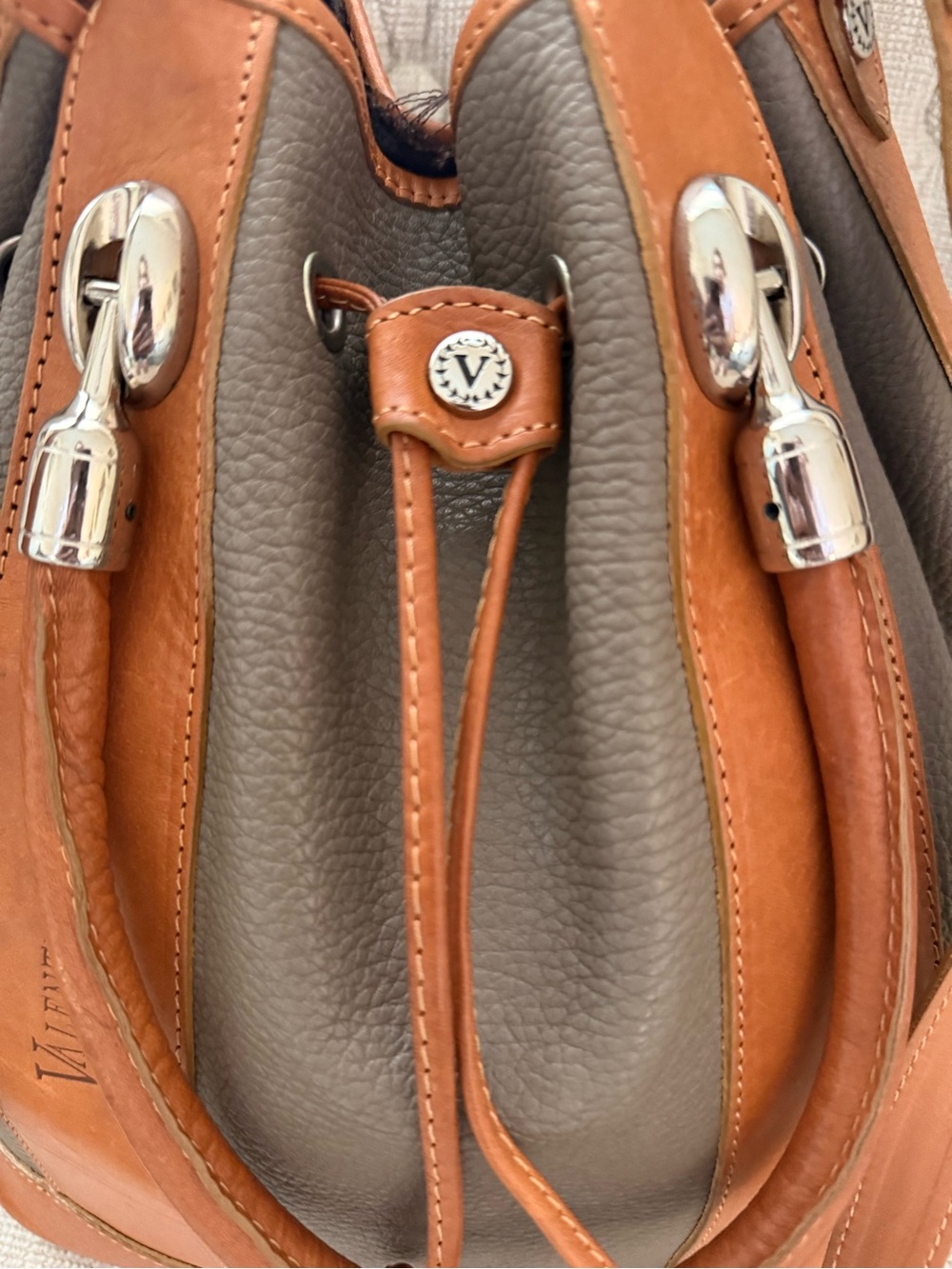 Valentina Italian Leather Two-Tone Brown & Tan Drawstring Bucket Shoulder Bag - Picture 6 of 15